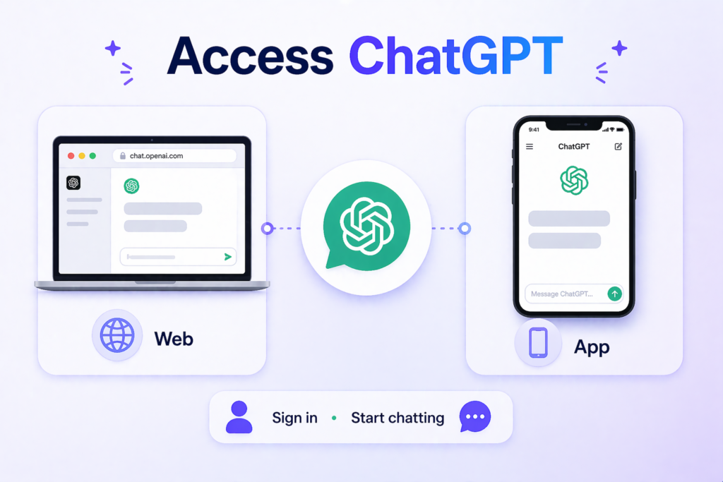Accessing ChatGPT online via web browser and mobile app with simple login and chat interface