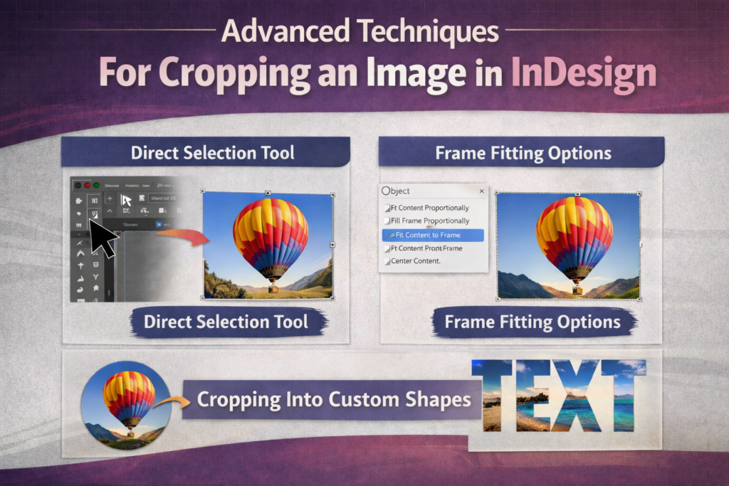 Advanced techniques for cropping an image in Adobe InDesign using direct selection tool, frame fitting options and custom shape cropping