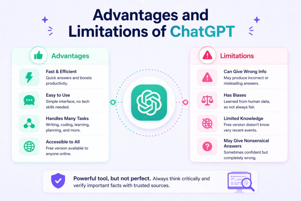 Advantages and limitations of ChatGPT showing benefits like speed and ease of use alongside challenges like misinformation, bias, and lack of real-time data access
