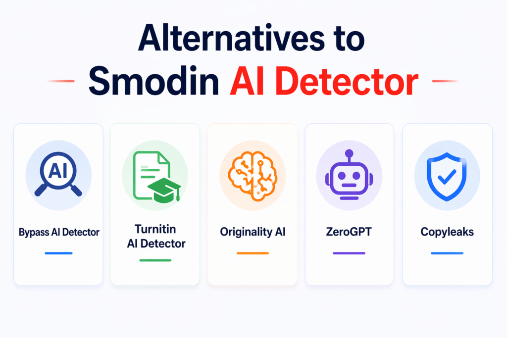 Minimal infographic showing alternatives to Smodin AI Detector including Bypass AI Detector, Turnitin AI Detector, Originality AI, ZeroGPT, and Copyleaks.