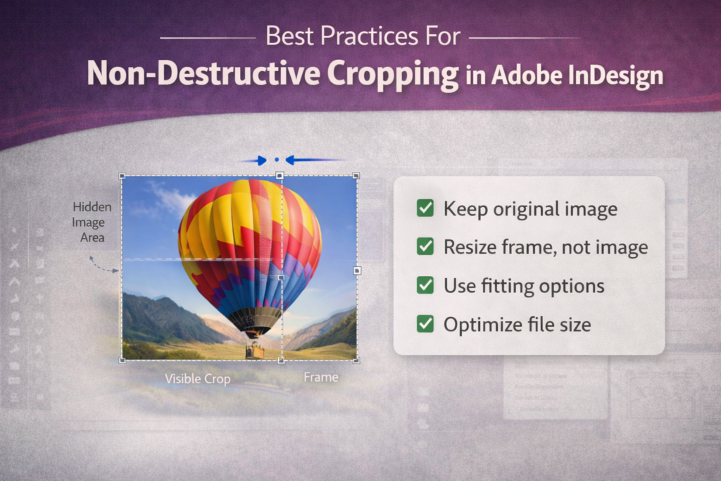 Non-destructive cropping in Adobe InDesign showing image frame resizing with hidden image area and best practices checklist