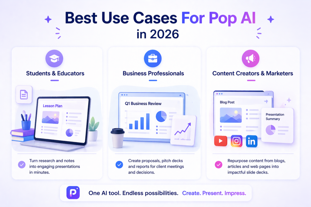 Best use cases for Pop AI in 2026 showing students, business professionals, and content creators using AI presentations