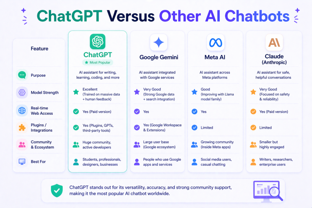 ChatGPT vs other AI chatbots comparison chart including Gemini, Meta AI, and Claude features and use cases