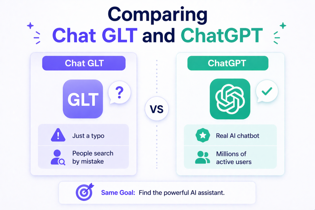 Comparison of Chat GLT and ChatGPT showing Chat GLT as a typo and ChatGPT as the real AI chatbot
