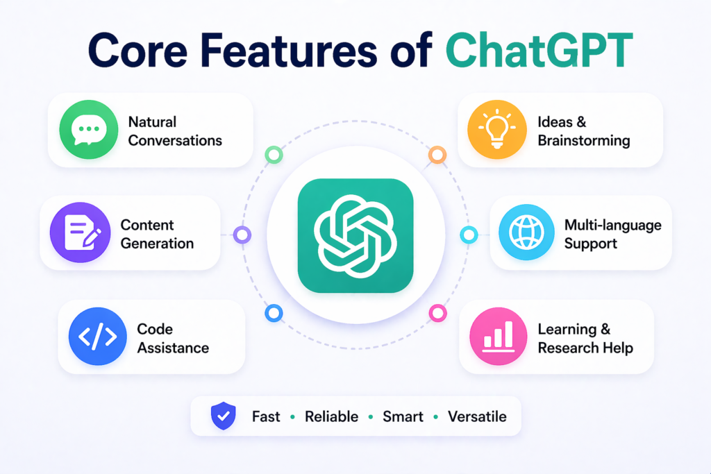 Core features of ChatGPT including easy interface, voice input and multilingual support
