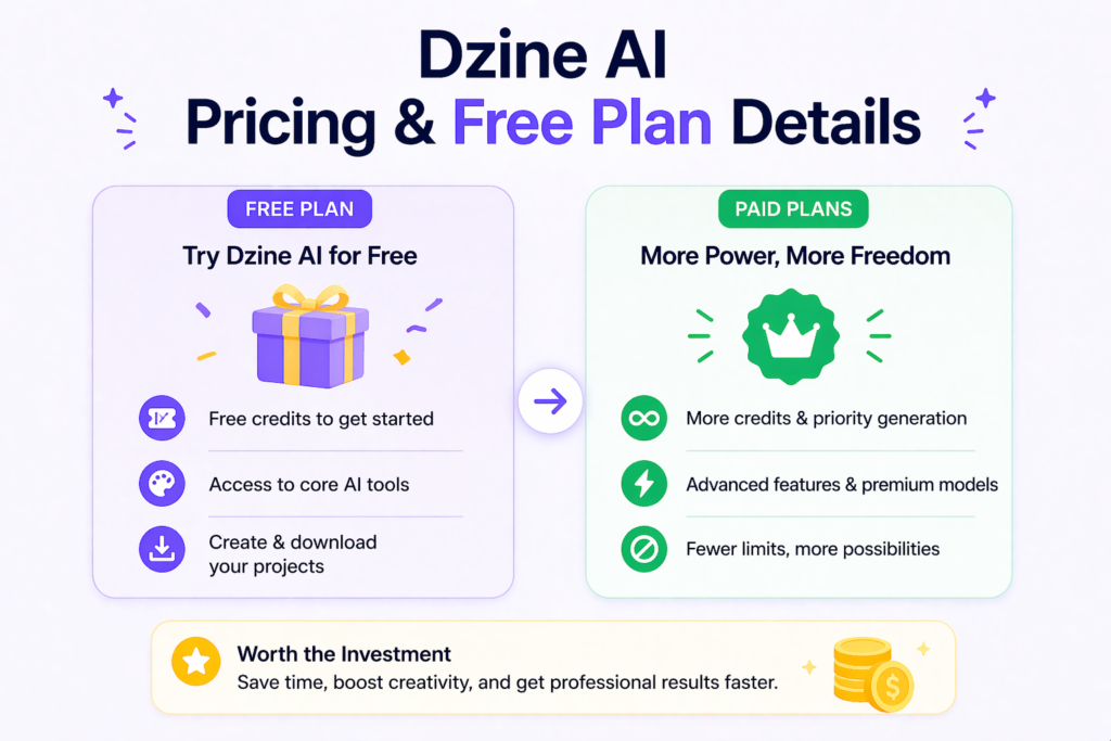 Minimal infographic showing Dzine AI pricing with free credits, paid subscription tiers, and scalable usage options
