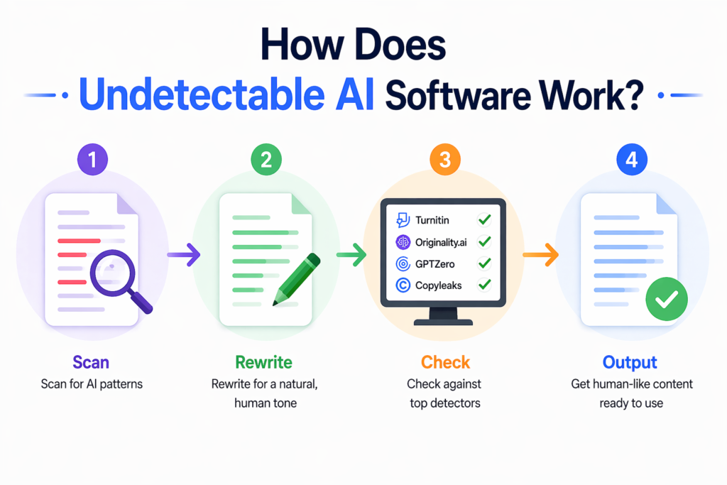 Minimal infographic showing four-step process of undetectable AI with icons for scanning, rewriting, checking, and final human-like content.