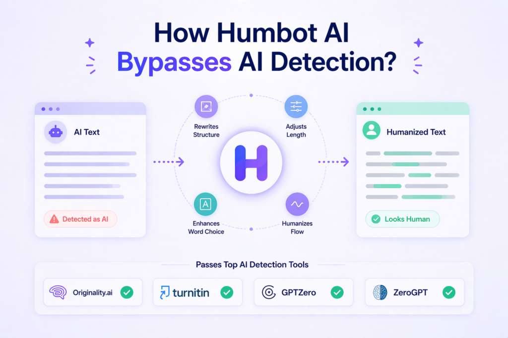 Humbot AI transforming AI-generated text into human-like writing by adjusting structure, tone, and flow to bypass AI detection systems