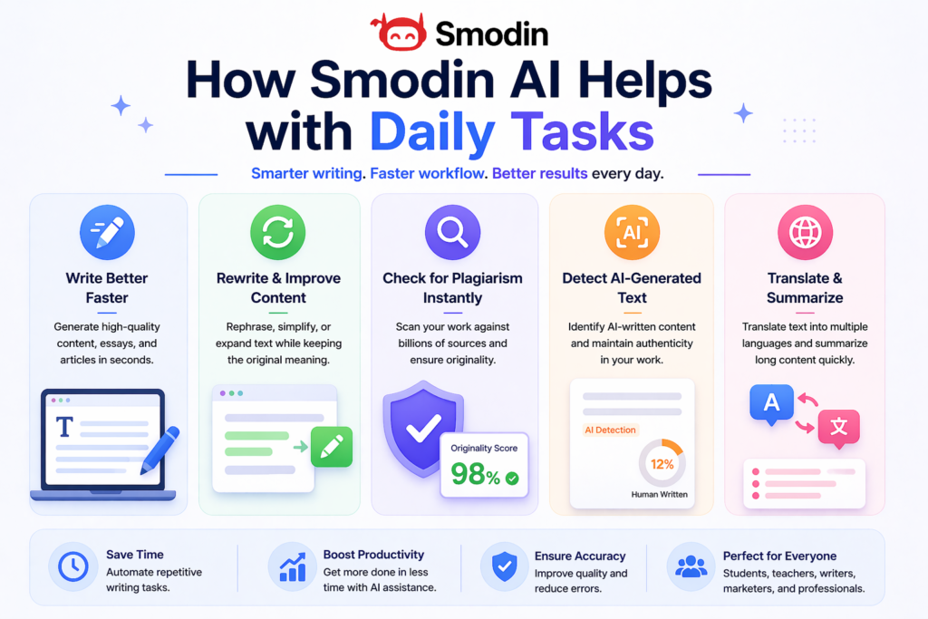 How Smodin AI helps with daily tasks like writing, rewriting, plagiarism checking, and content creation