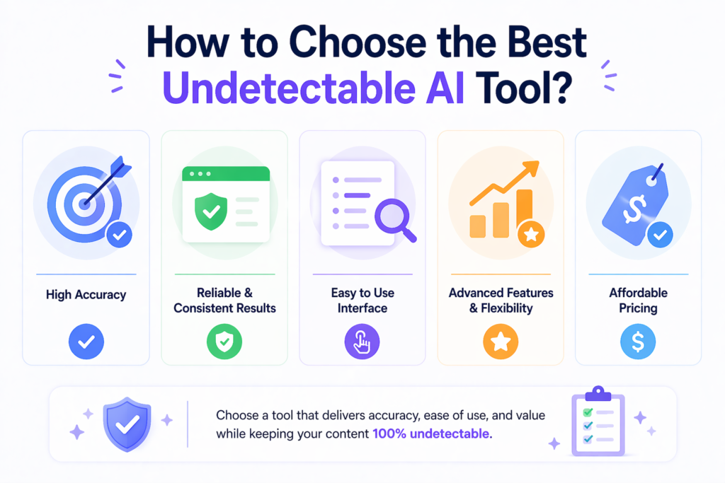 How to choose the best undetectable AI tool infographic showing accuracy, usability, features and pricing