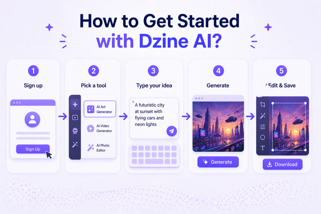 Step-by-step guide showing how to get started with Dzine AI including sign up, choosing a tool, generating and editing images