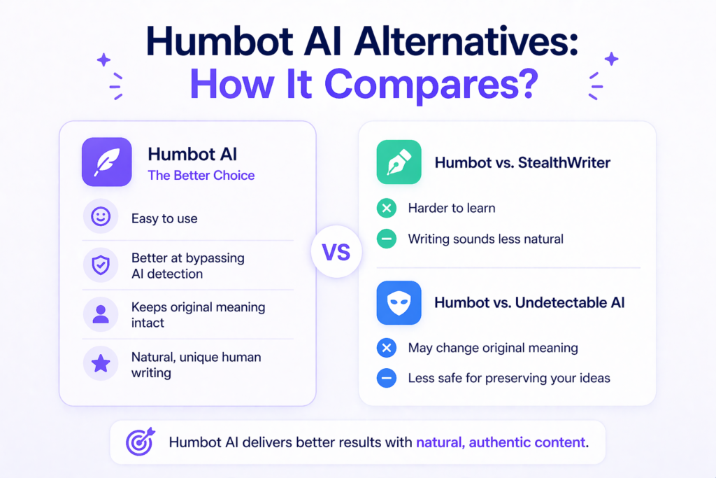 Humbot AI comparison infographic showing alternative tools, highlighting ease of use, content accuracy, and AI detection bypass performance