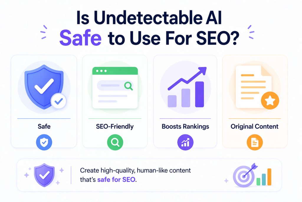 Undetectable AI SEO safety infographic showing safe, SEO-friendly, ranking boost and original content icons
