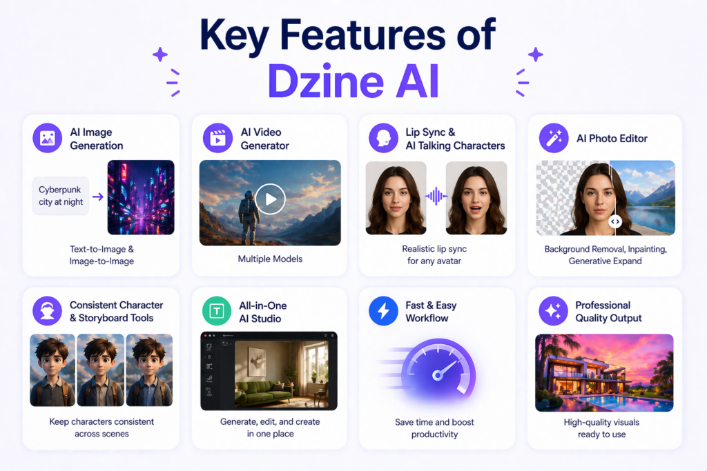 Infographic showcasing key features of Dzine AI, including AI image generation, video creation, lip sync avatars, photo editing tools, and consistent character design