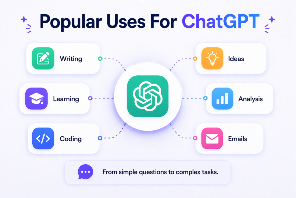 Popular uses of ChatGPT including writing, learning, coding, ideas, analysis, and emails