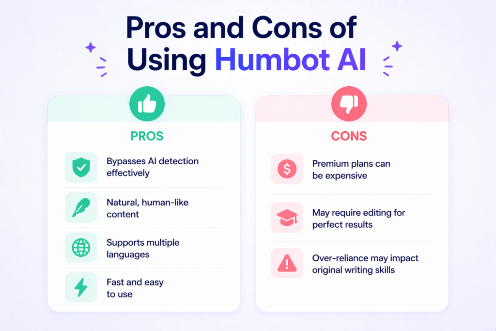 Infographic showing pros and cons of Humbot AI, highlighting benefits like human-like content, speed, and AI detection bypass, alongside limitations such as cost and need for manual editing