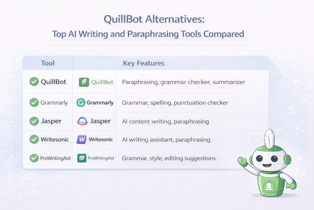 QuillBot alternatives comparison showing Grammarly, Jasper, Writesonic, and ProWritingAid features