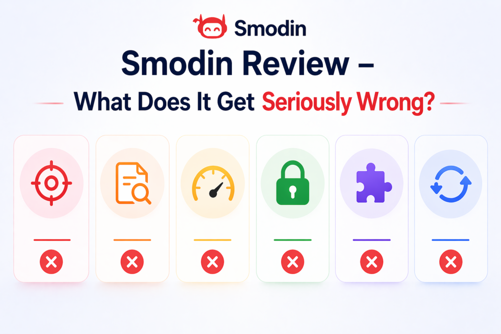 Smodin AI review limitations shown with icons representing accuracy issues, slow performance, and detection errors