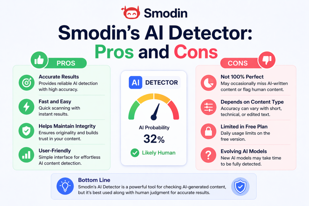 Smodin AI detector pros and cons showing accuracy, speed, false positives and limitations