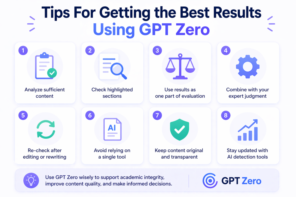 Infographic showing tips for using GPT Zero including analyzing enough text, checking highlighted sections, and reviewing results carefully