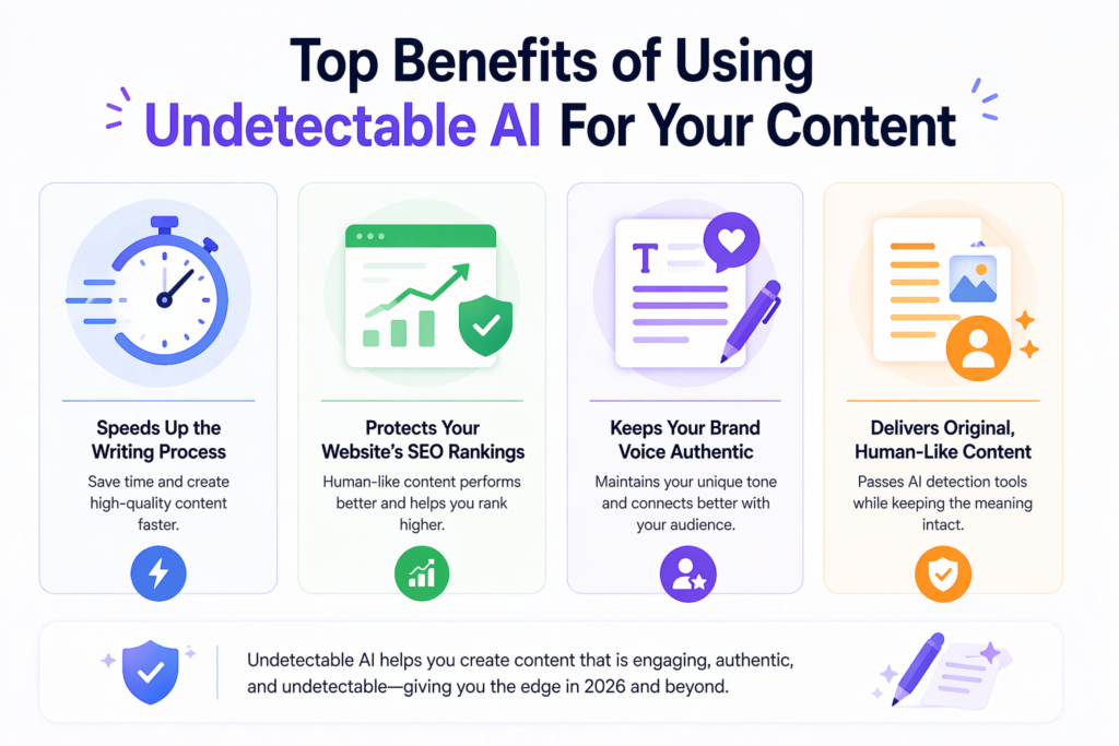 Minimal infographic showing key benefits of undetectable AI including faster writing, SEO protection, brand voice consistency, and human-like content.