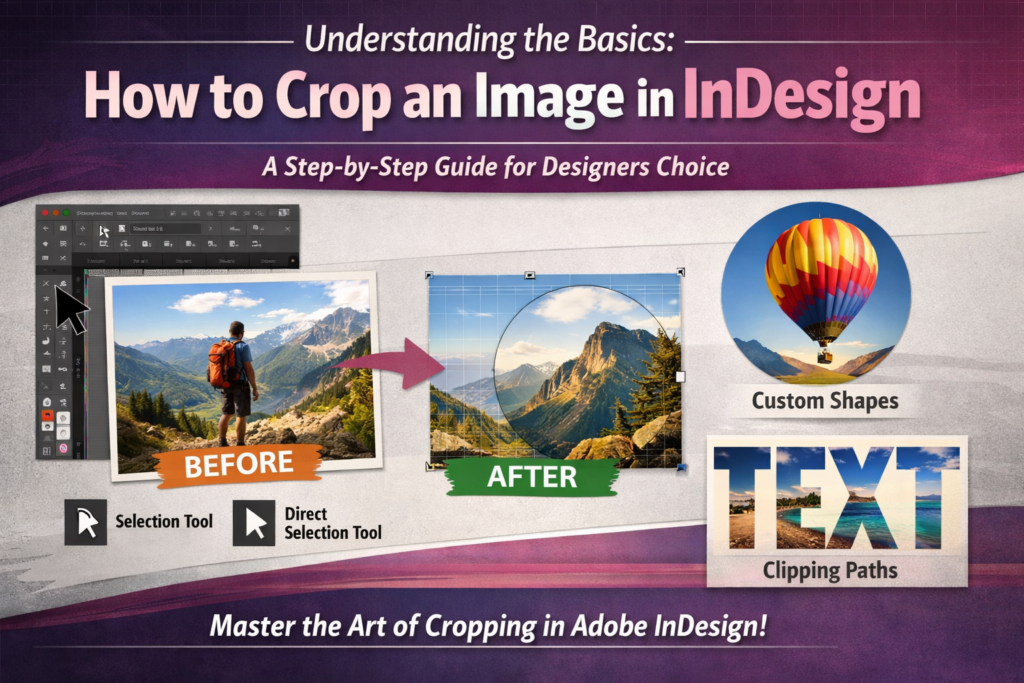 Understanding the basics of how to crop an image in Adobe InDesign using frames, selection tools, and clipping paths