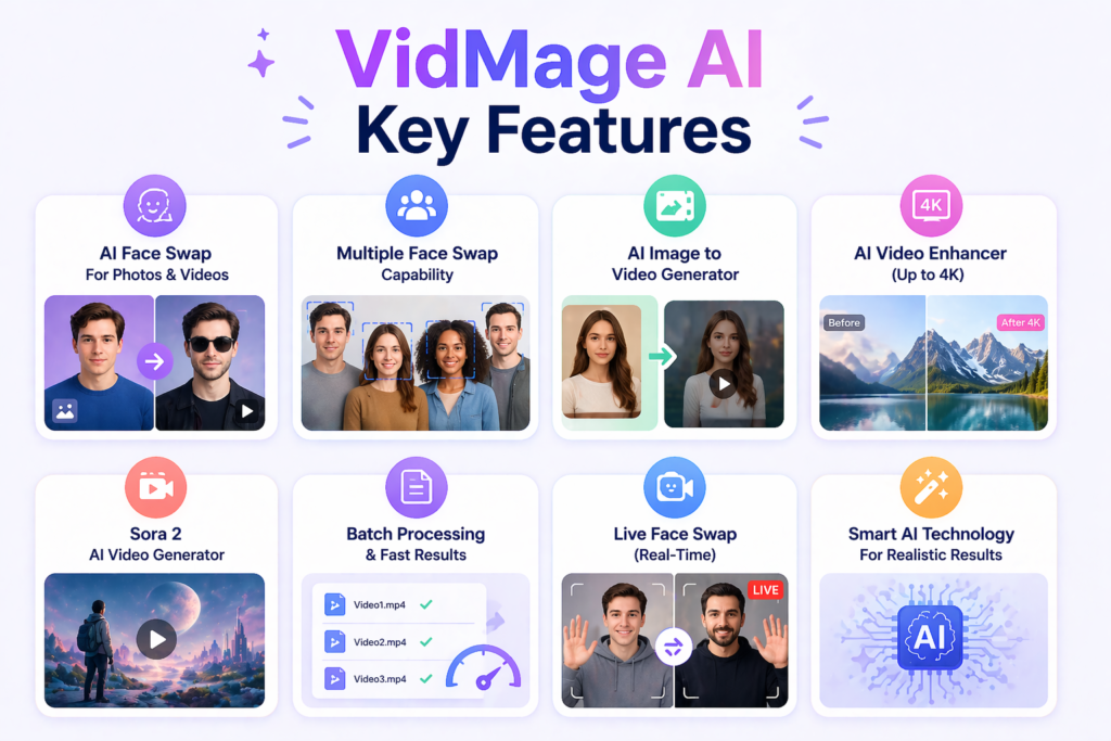 VidMage AI key features infographic showing face swap, video generation, 4K enhancement and batch processing tools