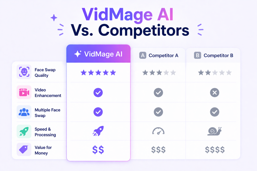 Minimal comparison infographic showing VidMage AI versus competitors across key features like quality, speed, and value.