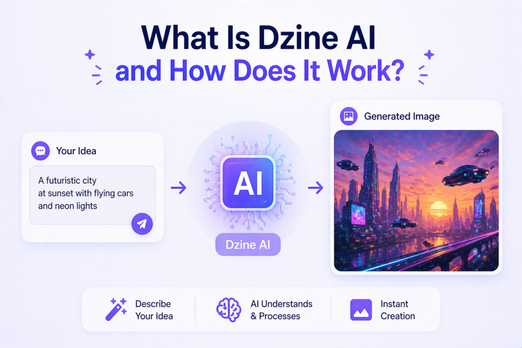 Infographic showing how Dzine AI works, illustrating the process from typing an idea to generating a professional AI-created image