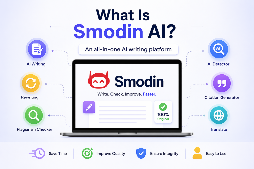 Smodin AI overview showing AI writing, plagiarism checker, AI detection, and text rewriting tools