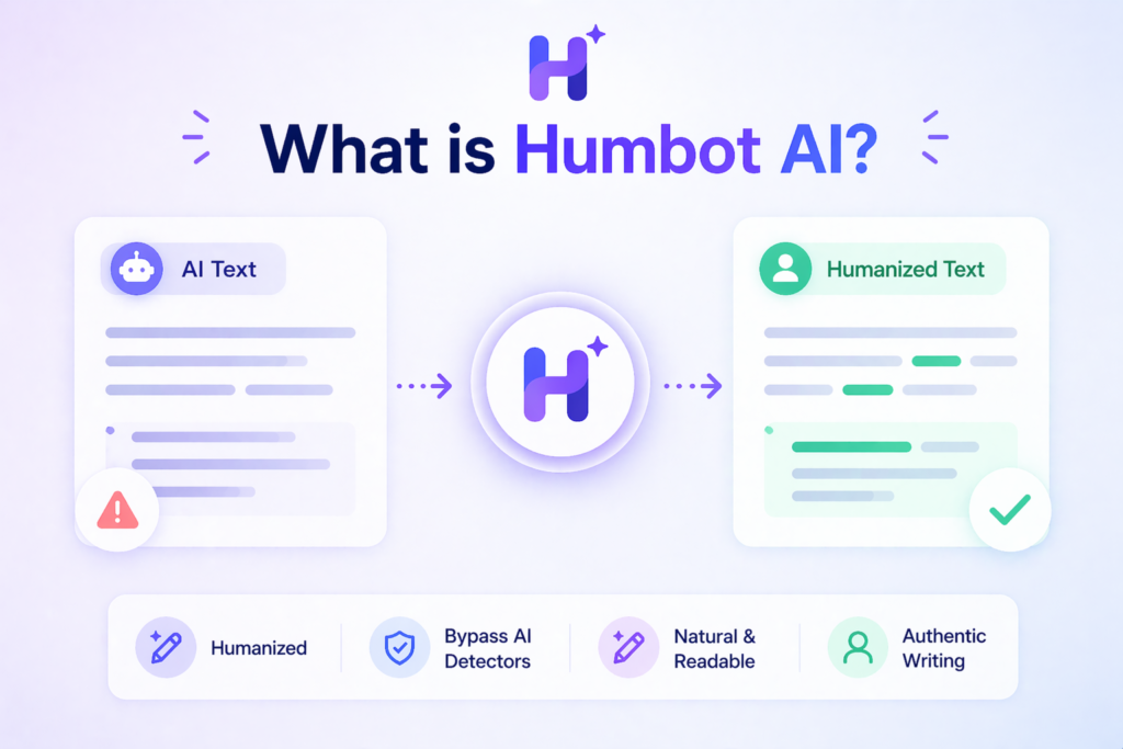 Humbot AI tool transforming robotic AI text into natural human-like writing with clean interface and minimal design