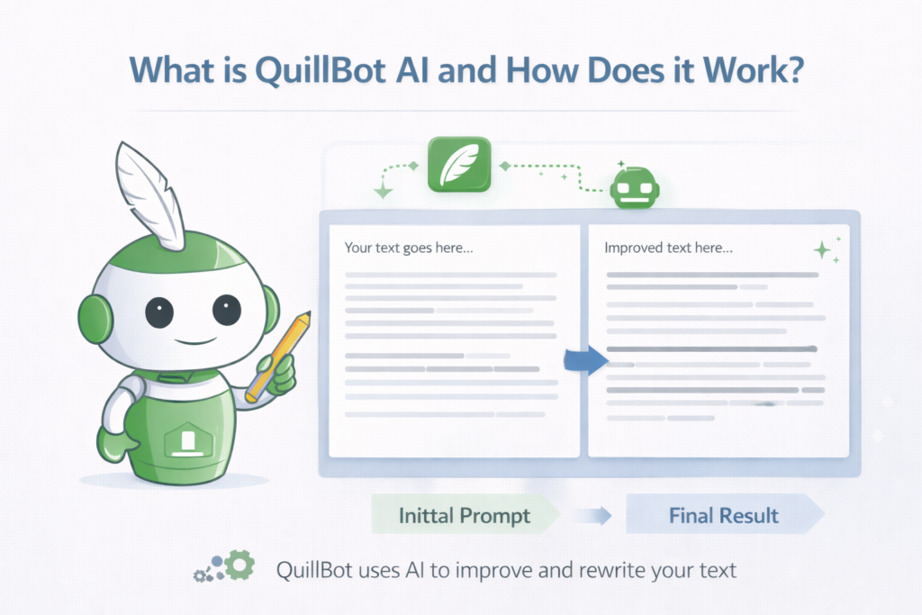 QuillBot AI interface showing text paraphrasing from original content to improved rewritten version