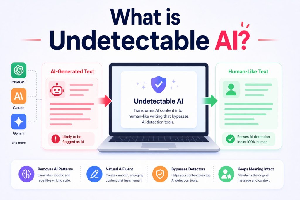 Infographic showing AI-generated text being transformed into human-like writing through undetectable AI on a laptop with clean icons.