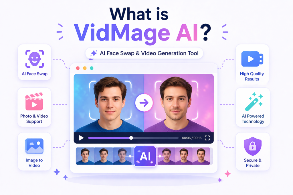 VidMage AI face swap tool illustration showing video editing interface and AI face swap technology