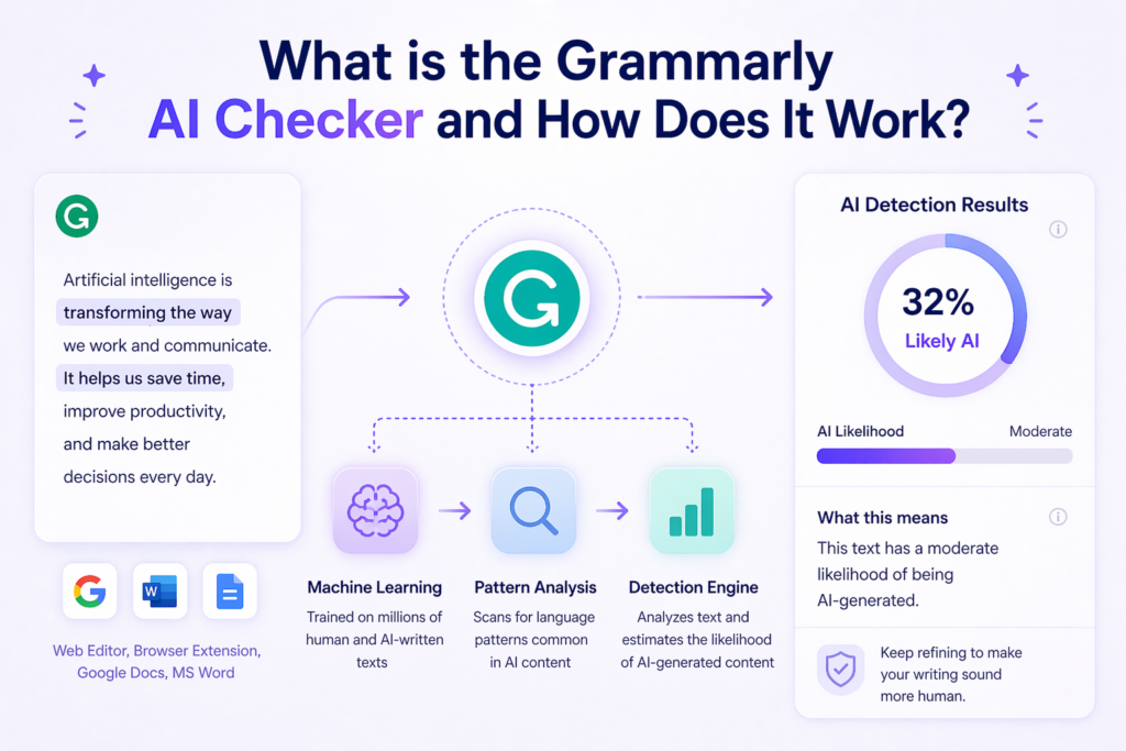 Grammarly AI checker workflow showing how text is analyzed and scored for AI-generated content
