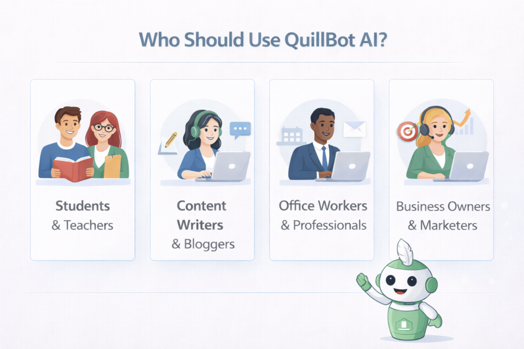 Who should use QuillBot AI infographic showing students, content writers, professionals, and marketers