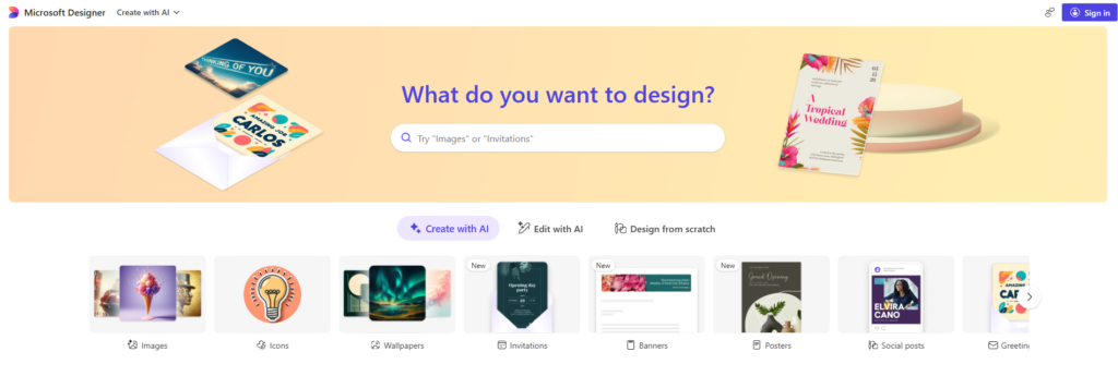 Microsoft Designer sign in screen and dashboard