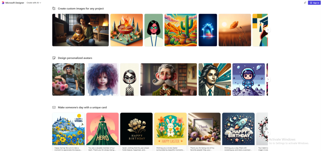 Microsoft Designer AI design generator options screen