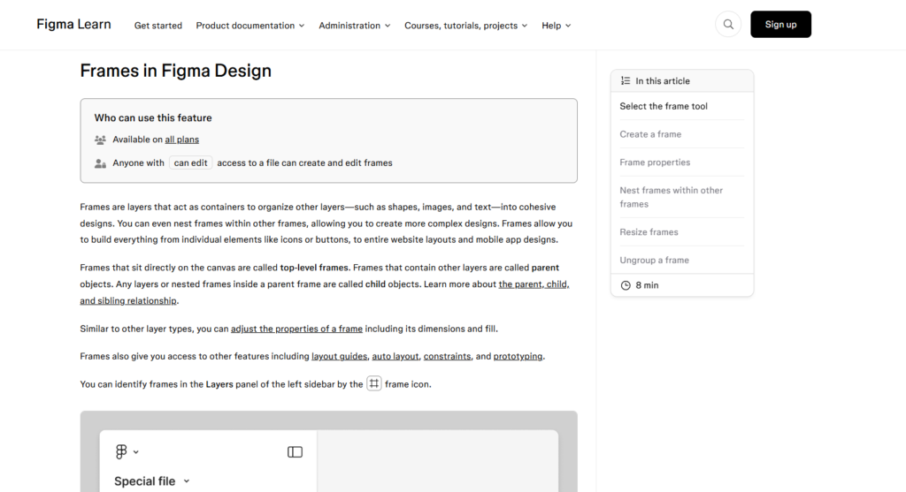 Figma frame tool selection and properties panel