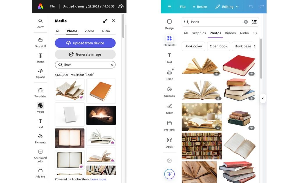 Canva vs Adobe Express editor interface comparison
